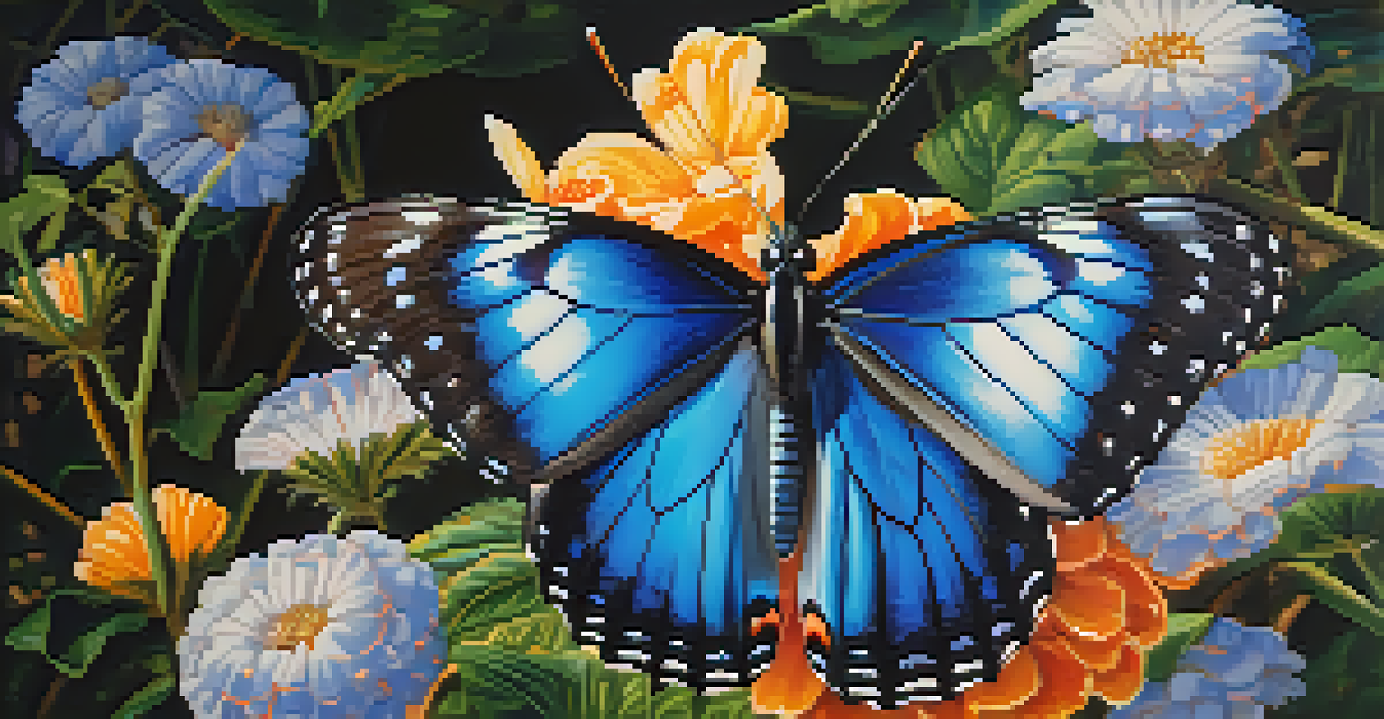 A close-up of a colorful butterfly resting on a blue flower, showcasing vibrant colors and intricate patterns.