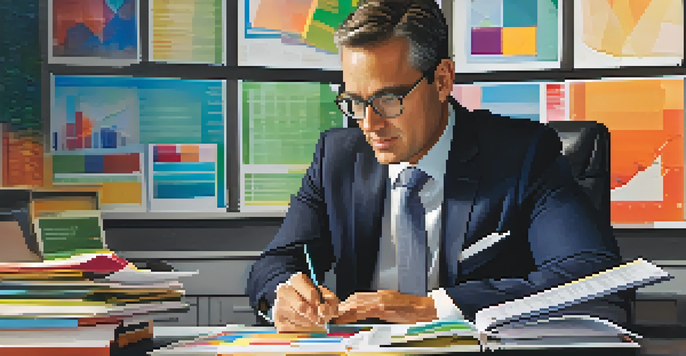A financial advisor reviewing a mutual fund prospectus with charts and graphs on the desk, in a warm and inviting office setting.