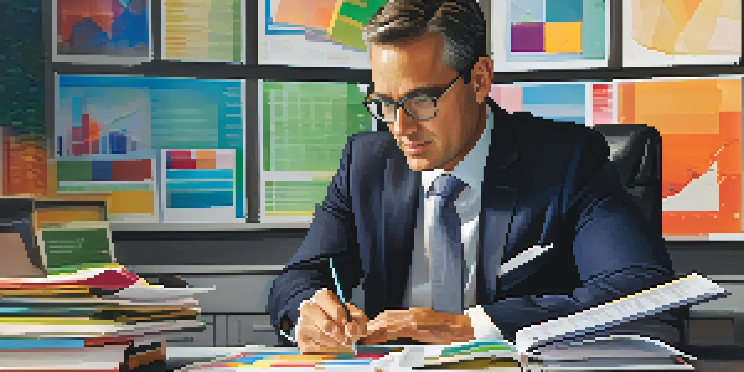 A financial advisor reviewing a mutual fund prospectus with charts and graphs on the desk, in a warm and inviting office setting.
