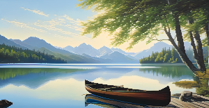 A tranquil lake surrounded by green forests and mountains, with sunlight reflecting off the water and a wooden dock with a canoe.
