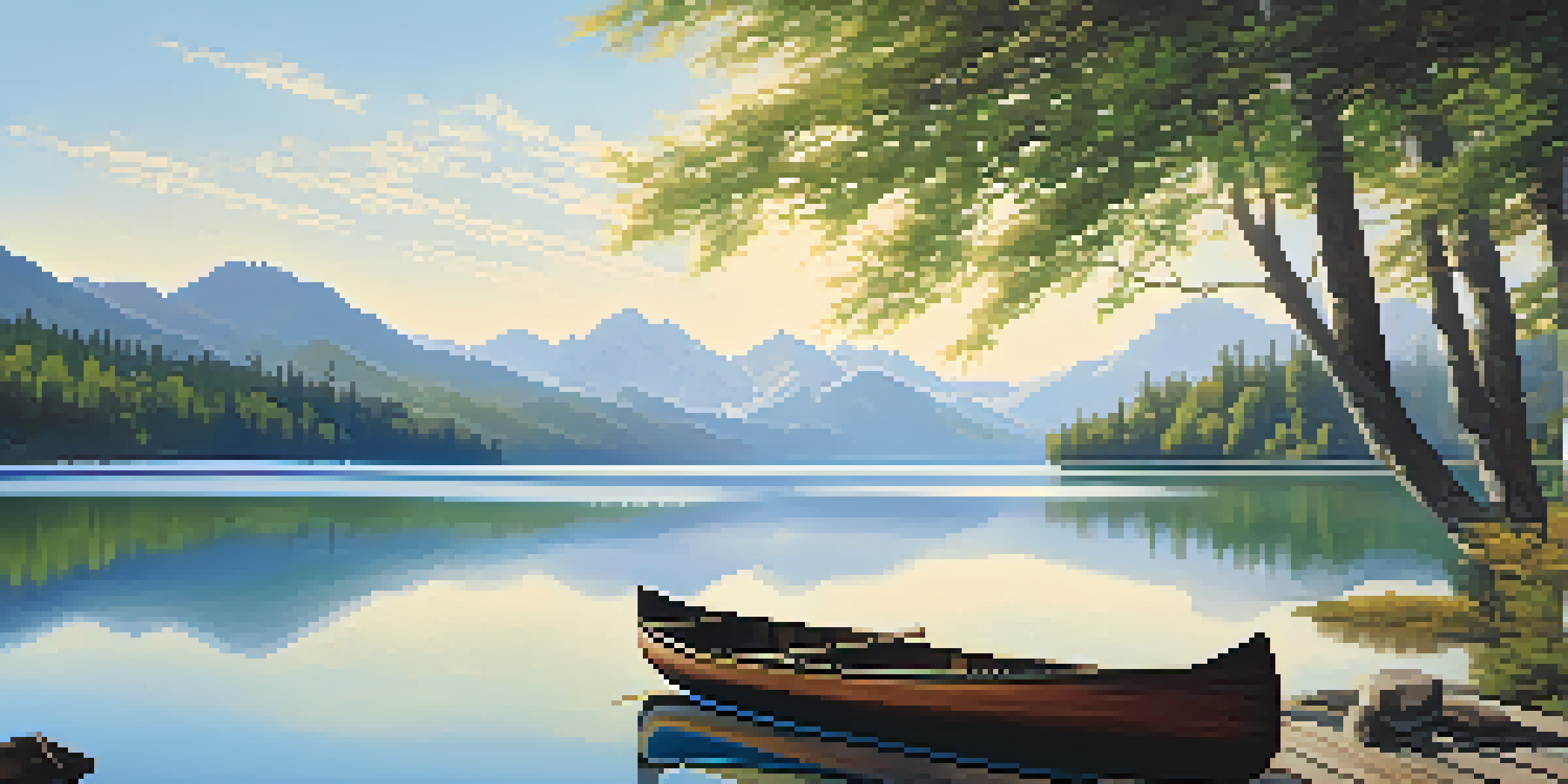 A tranquil lake surrounded by green forests and mountains, with sunlight reflecting off the water and a wooden dock with a canoe.