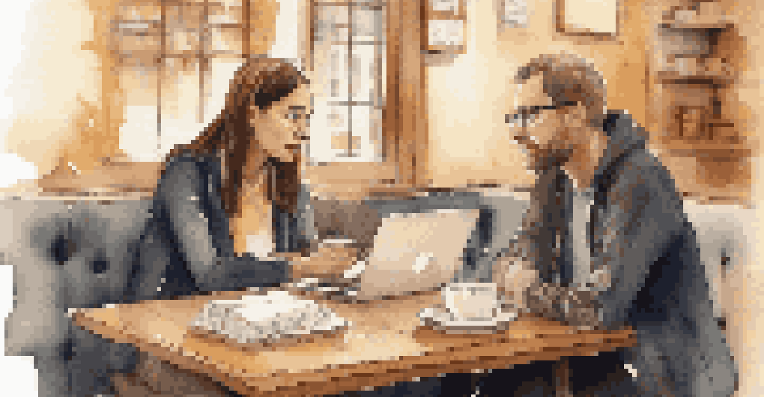 A mentor and mentee discussing a business plan over coffee in a cozy cafe, surrounded by notebooks and a laptop.