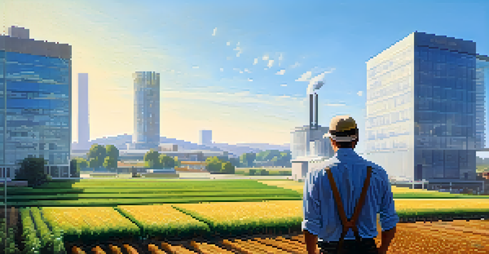 A peaceful landscape with a farmer in the foreground and a modern office building in the background, symbolizing diverse business investments.