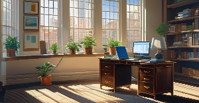 A bright office with a wooden desk, a laptop showing stock market data, and a potted plant, illuminated by sunlight from a large window.