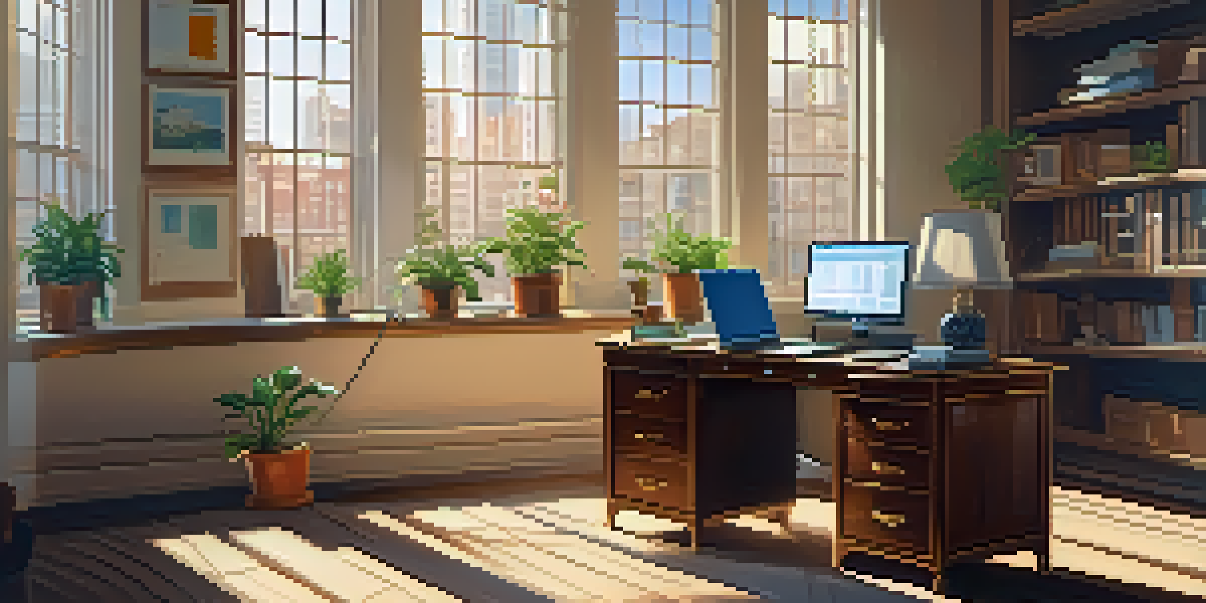A bright office with a wooden desk, a laptop showing stock market data, and a potted plant, illuminated by sunlight from a large window.