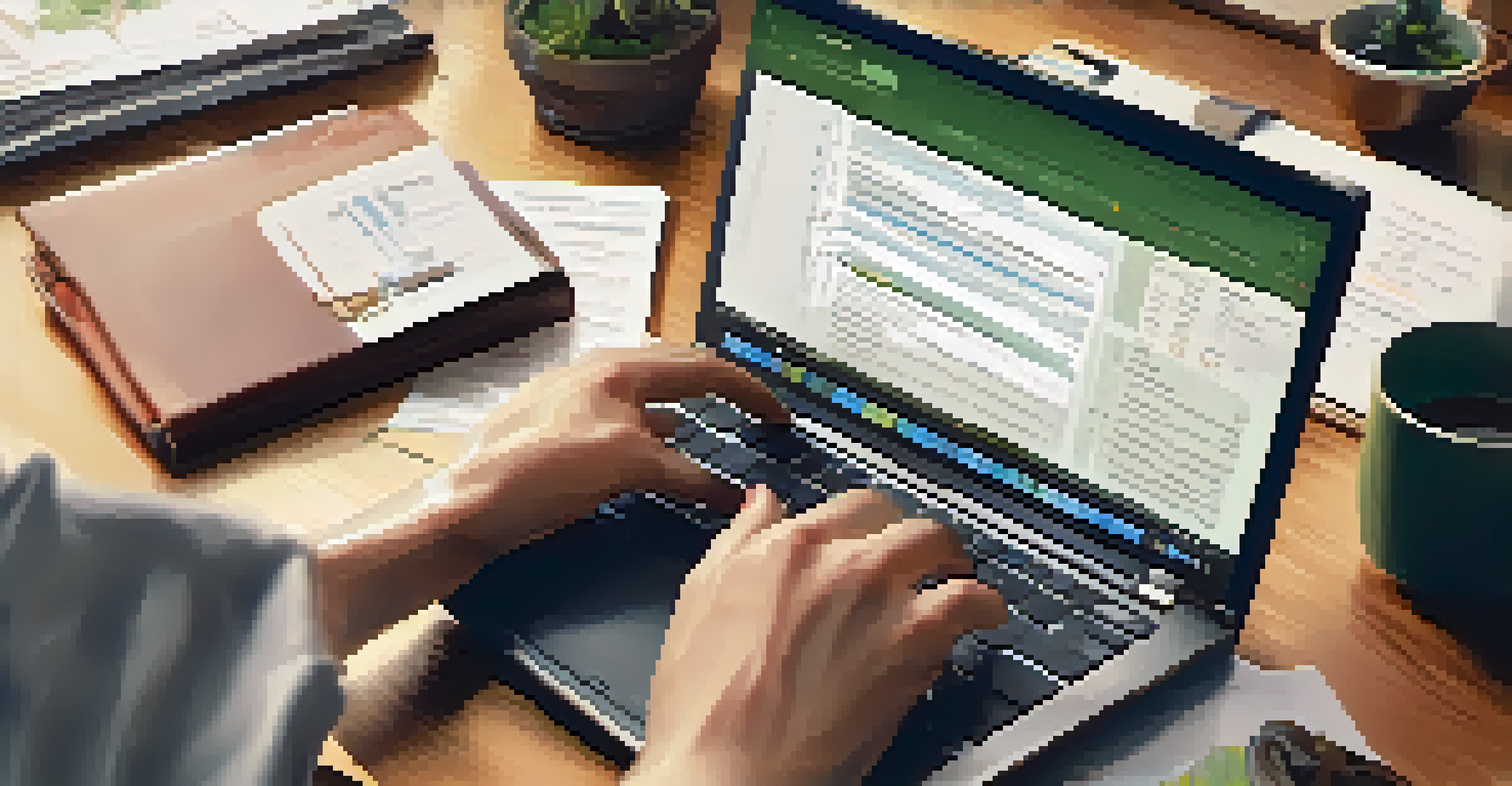 A close-up of hands typing on a laptop, with a financial report on the screen and a cozy workspace filled with documents and a coffee cup.