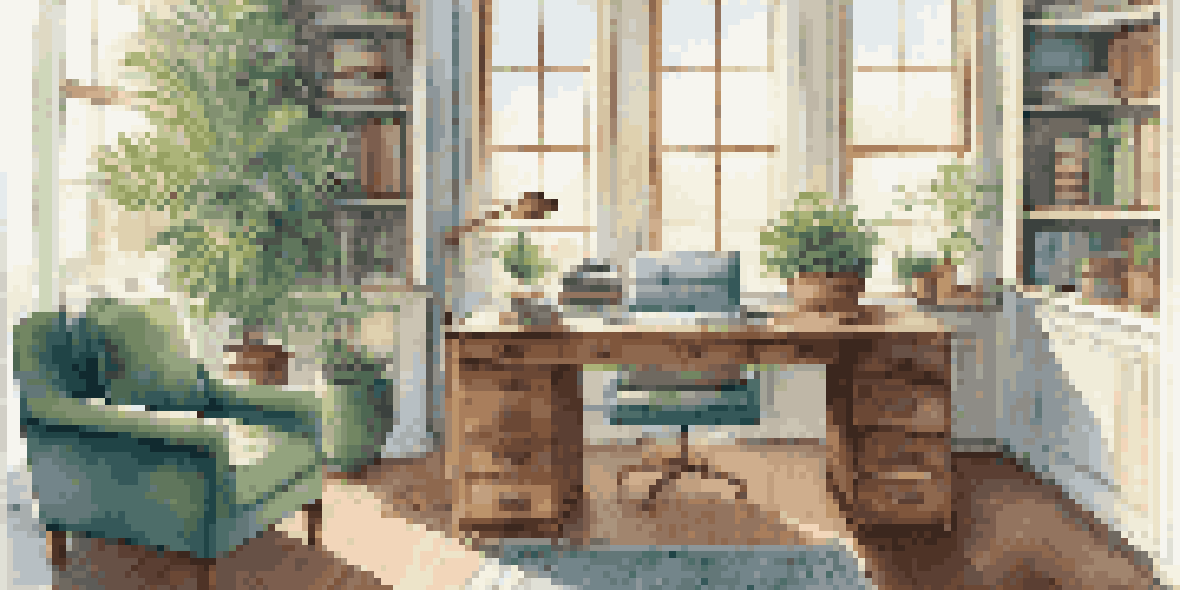 A peaceful home office with a wooden desk, laptop, and plants, bathed in soft morning light.