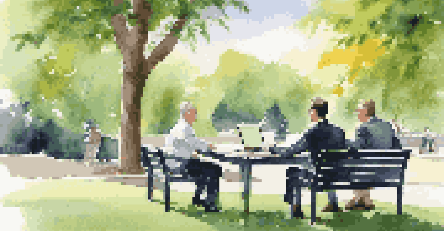 A financial advisor presenting strategies to clients in a park setting, surrounded by greenery and sunlight.