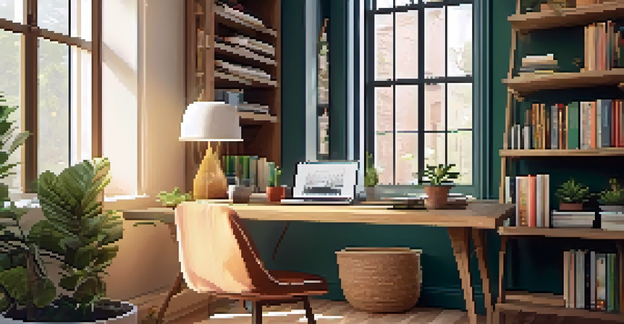A warm and inviting home office with a wooden desk, laptop, potted plant, and coffee cup, bathed in natural light.