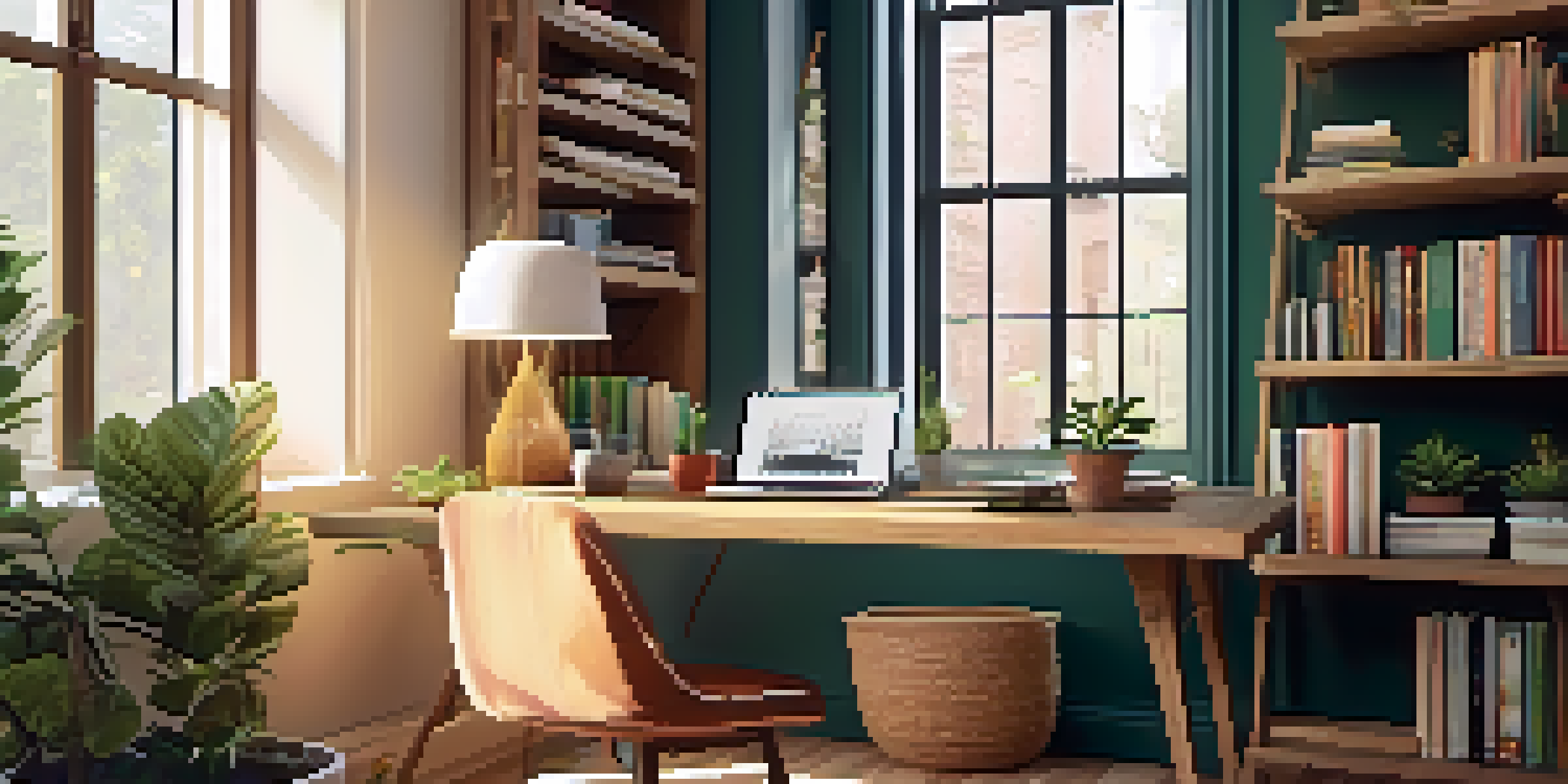 A warm and inviting home office with a wooden desk, laptop, potted plant, and coffee cup, bathed in natural light.