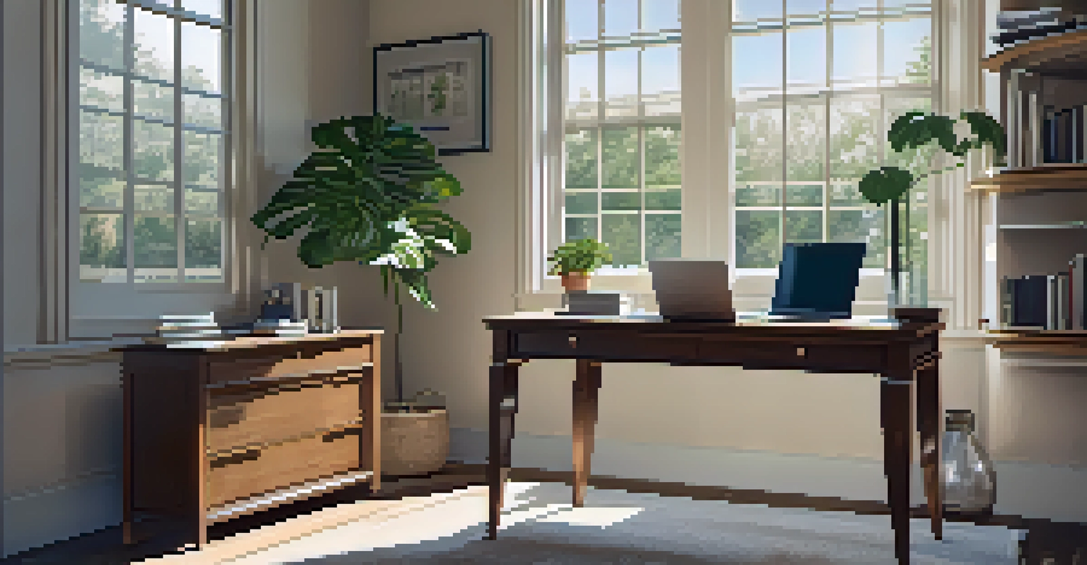 A stylish home office with a wooden desk, laptop, books, and a plant, illuminated by natural light from a large window.