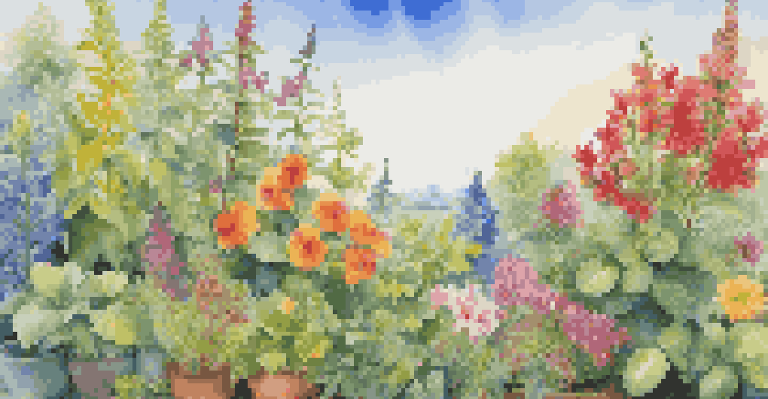 A close-up view of a garden with plants symbolizing different stocks, blooming flowers, and a bright sunny background.