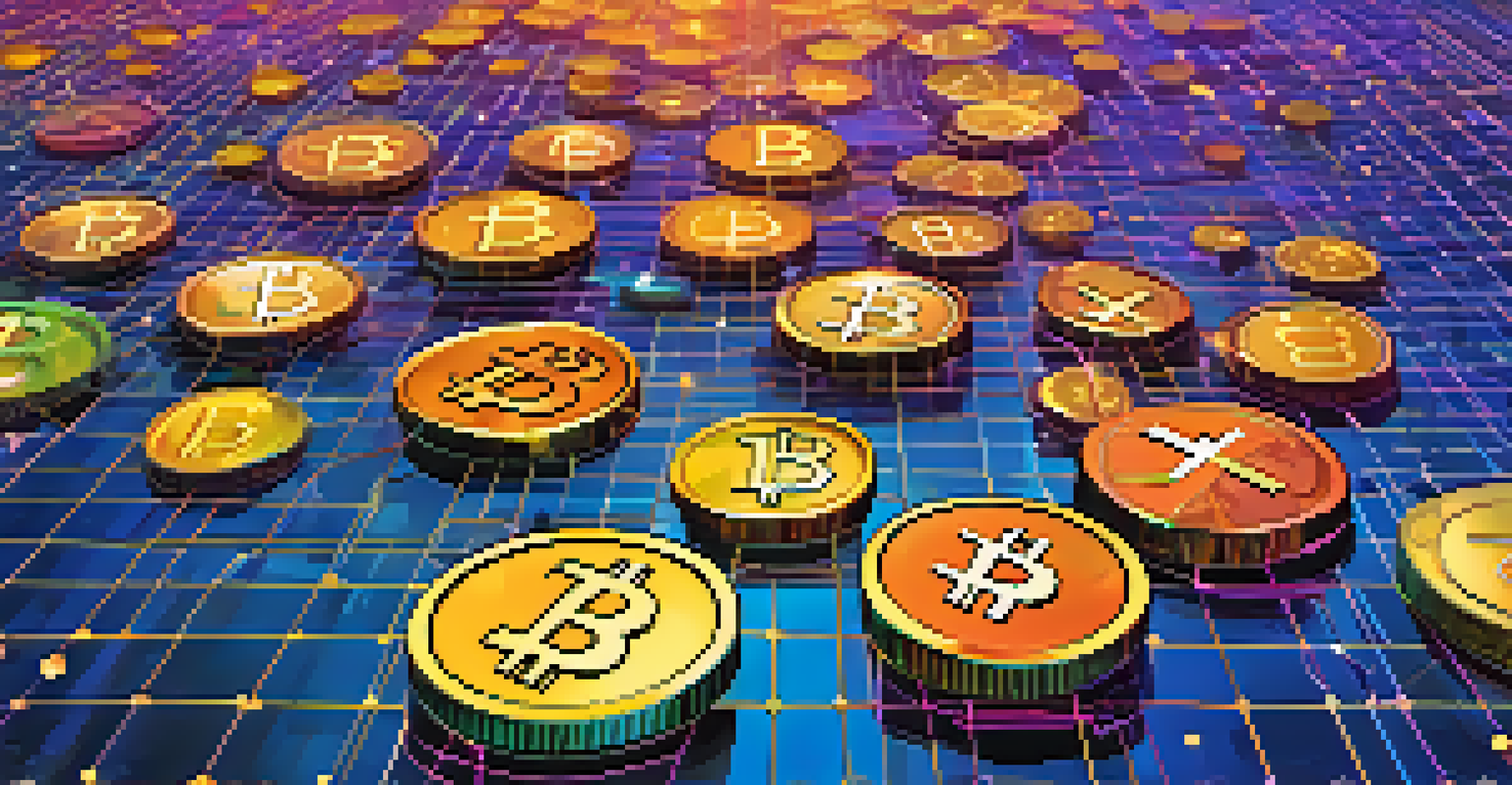 Colorful digital coins representing CBDCs floating above a glowing network grid, symbolizing finance and technology.