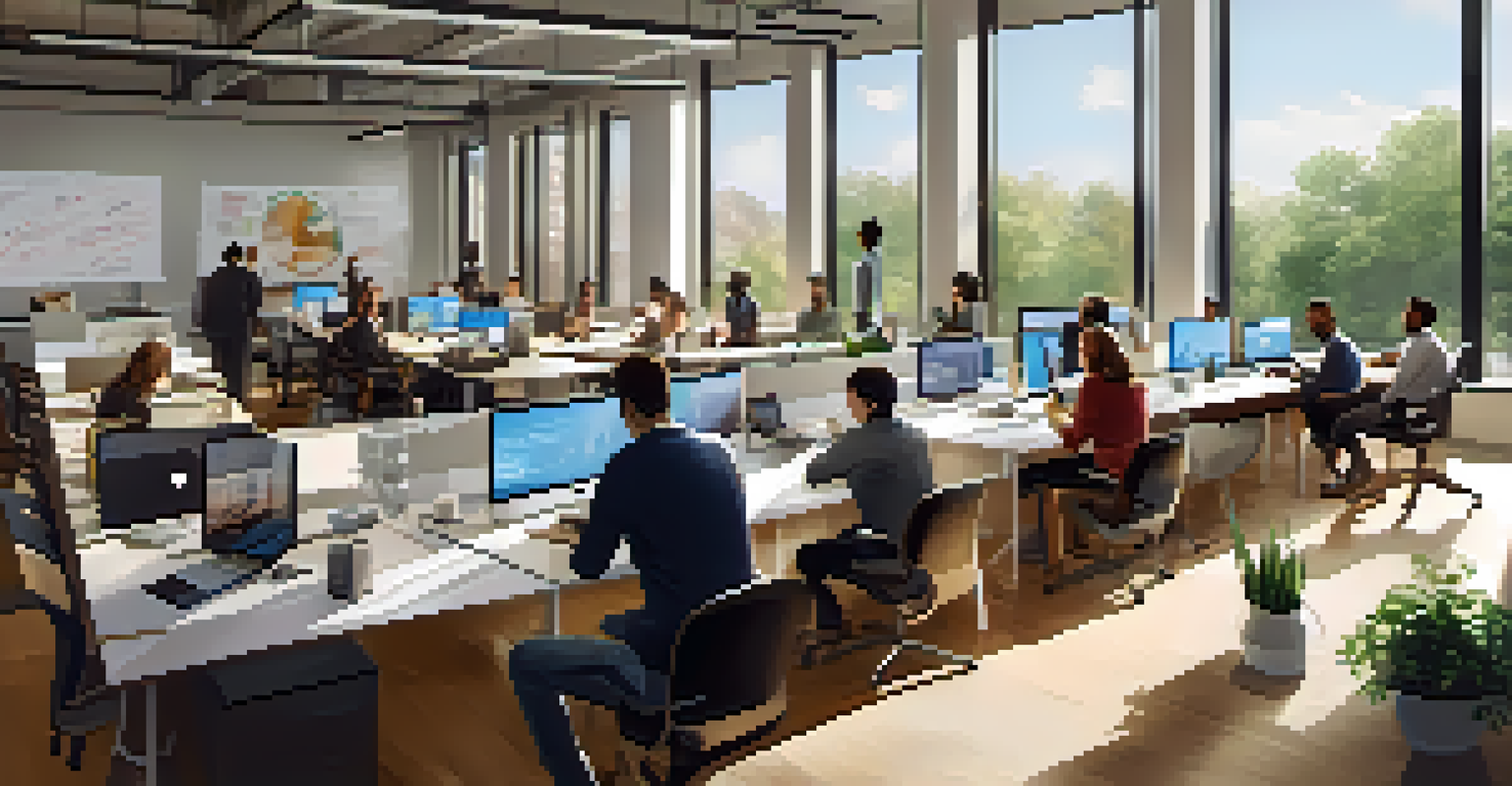 A diverse group of individuals working together in a bright modern workspace focused on philanthropic investments.