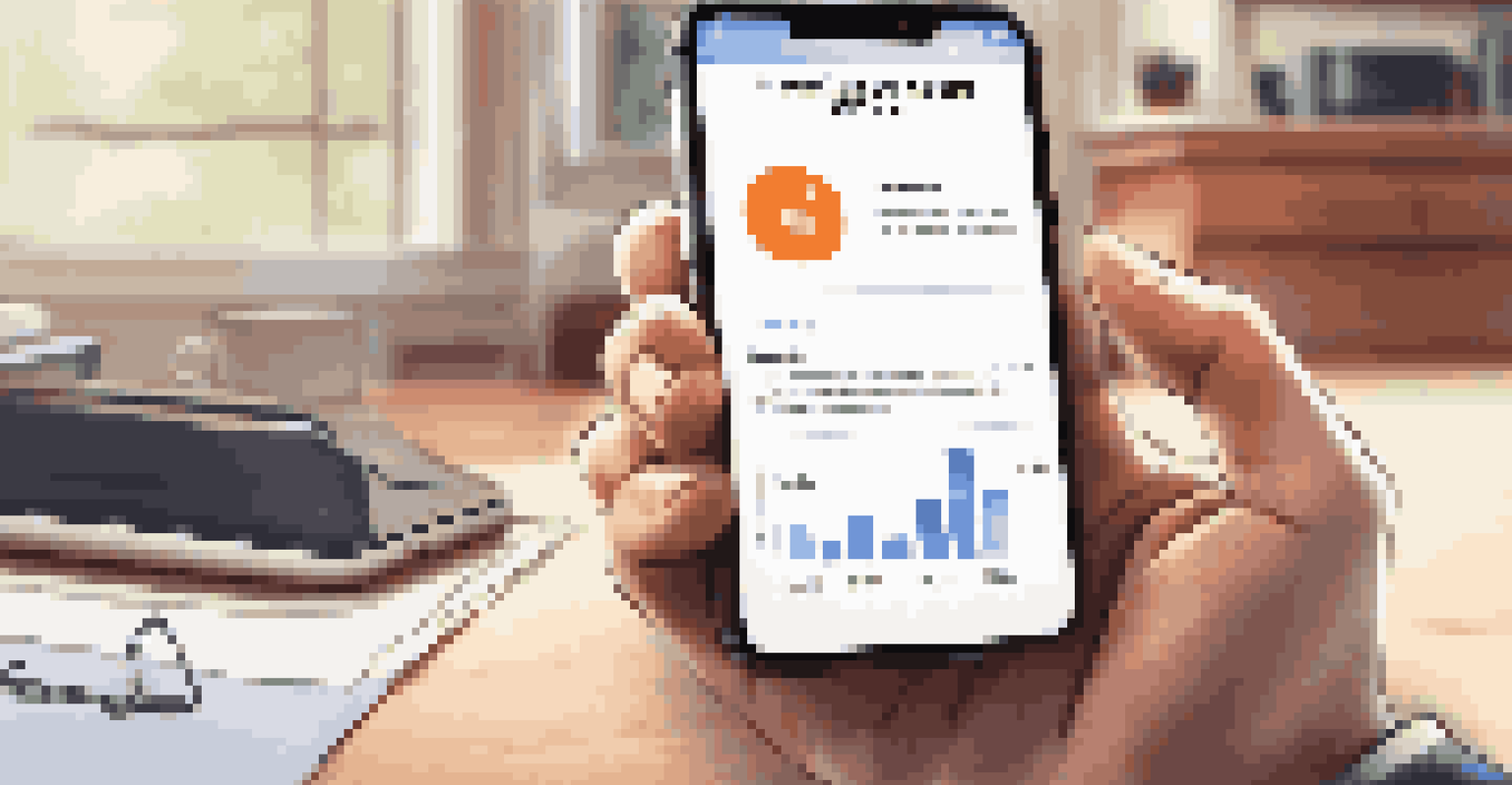 A close-up of a hand holding a smartphone with an insurance app, surrounded by a home office setting.