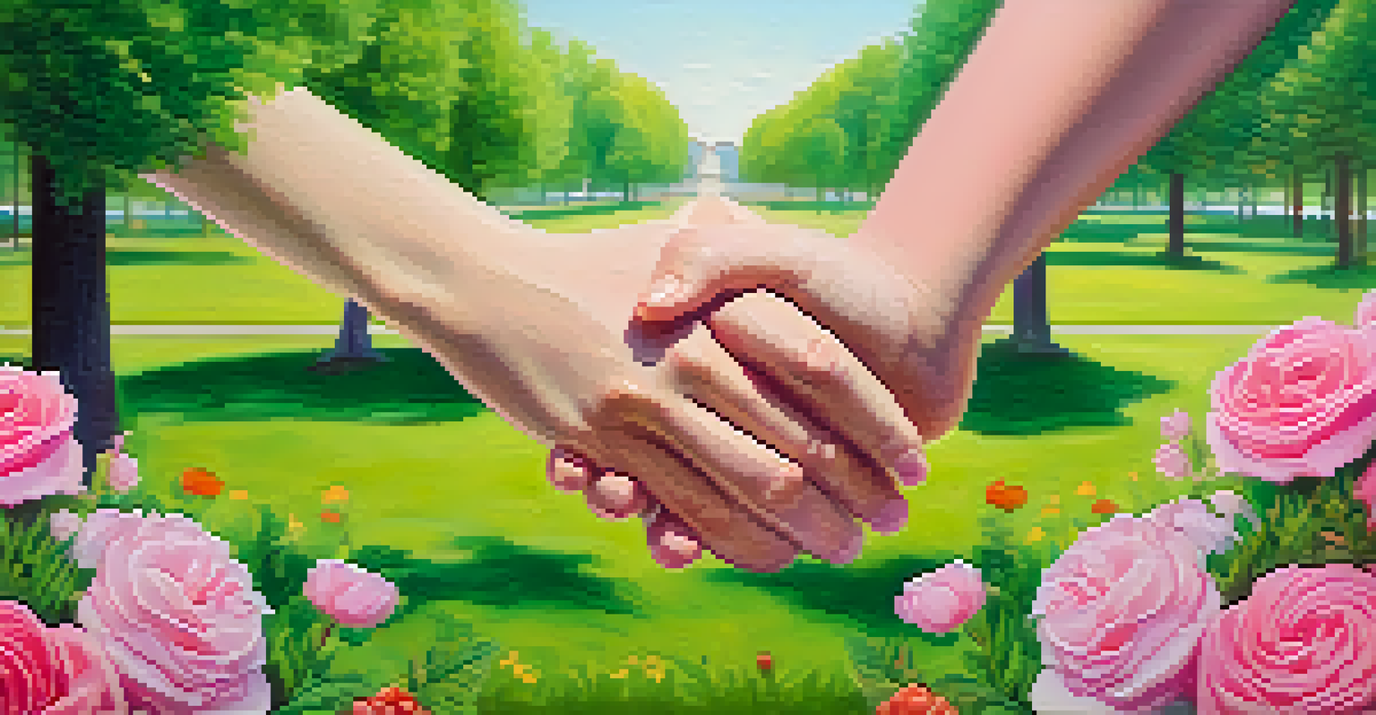 A couple holding hands with wedding rings, surrounded by a beautiful park backdrop.