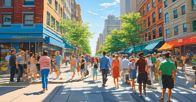 A busy city street filled with people and colorful storefronts, under a clear blue sky.