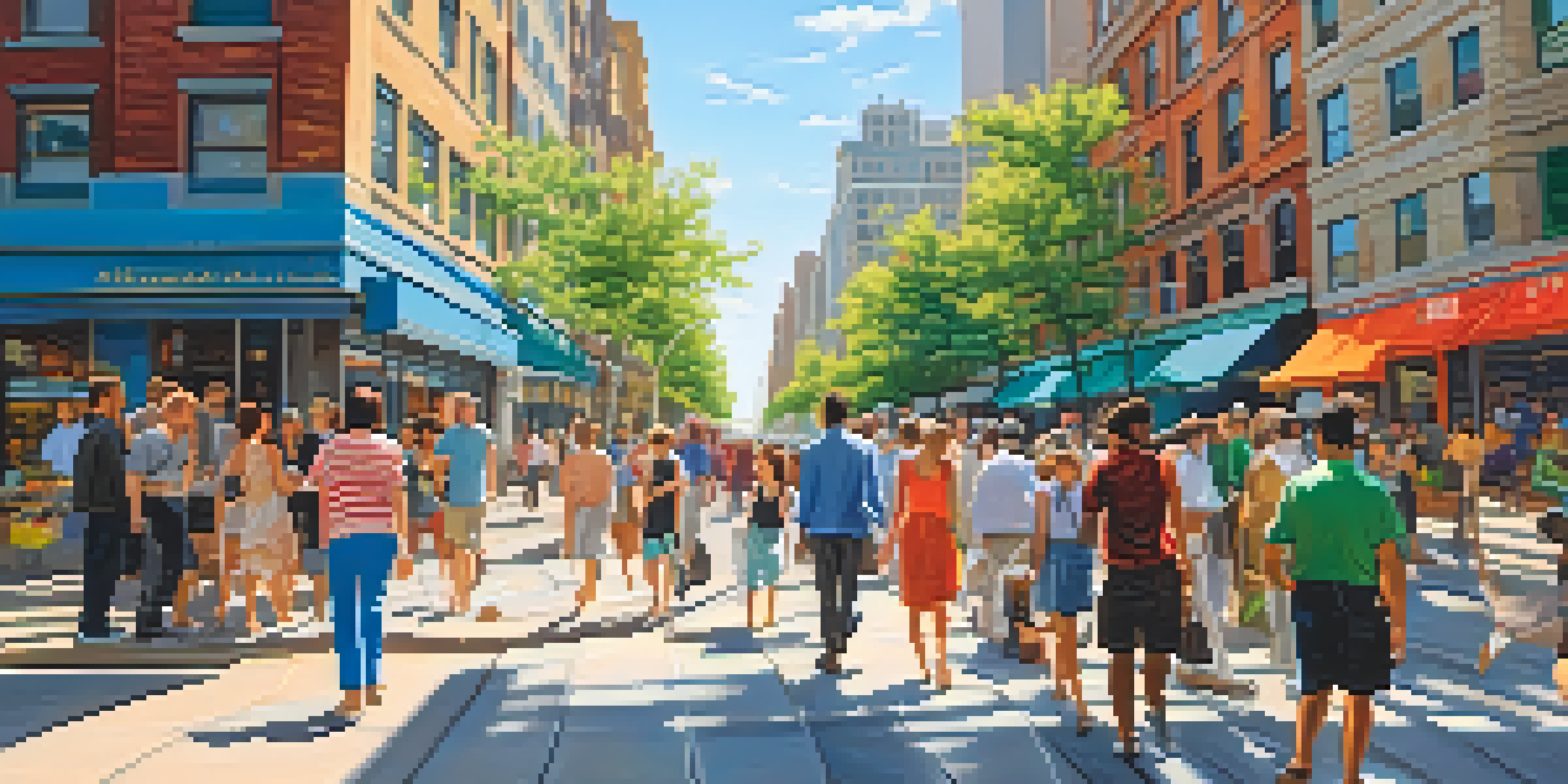 A busy city street filled with people and colorful storefronts, under a clear blue sky.