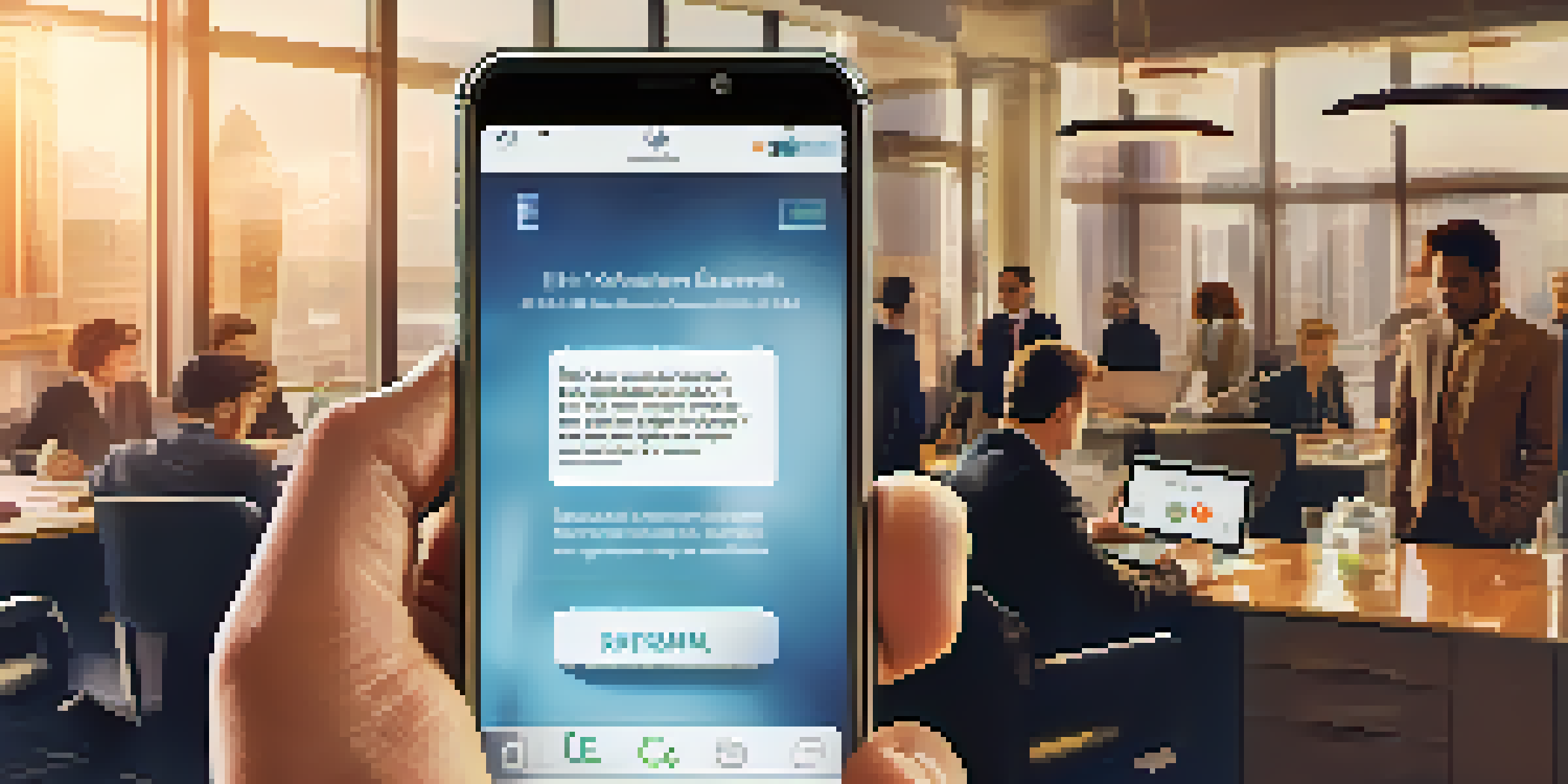 A hand holding a smartphone with a fake investment app, showing rising stock prices, in a blurred office background.