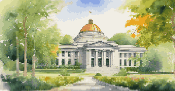 A central bank building nestled in a green landscape with solar panels, highlighting sustainability.