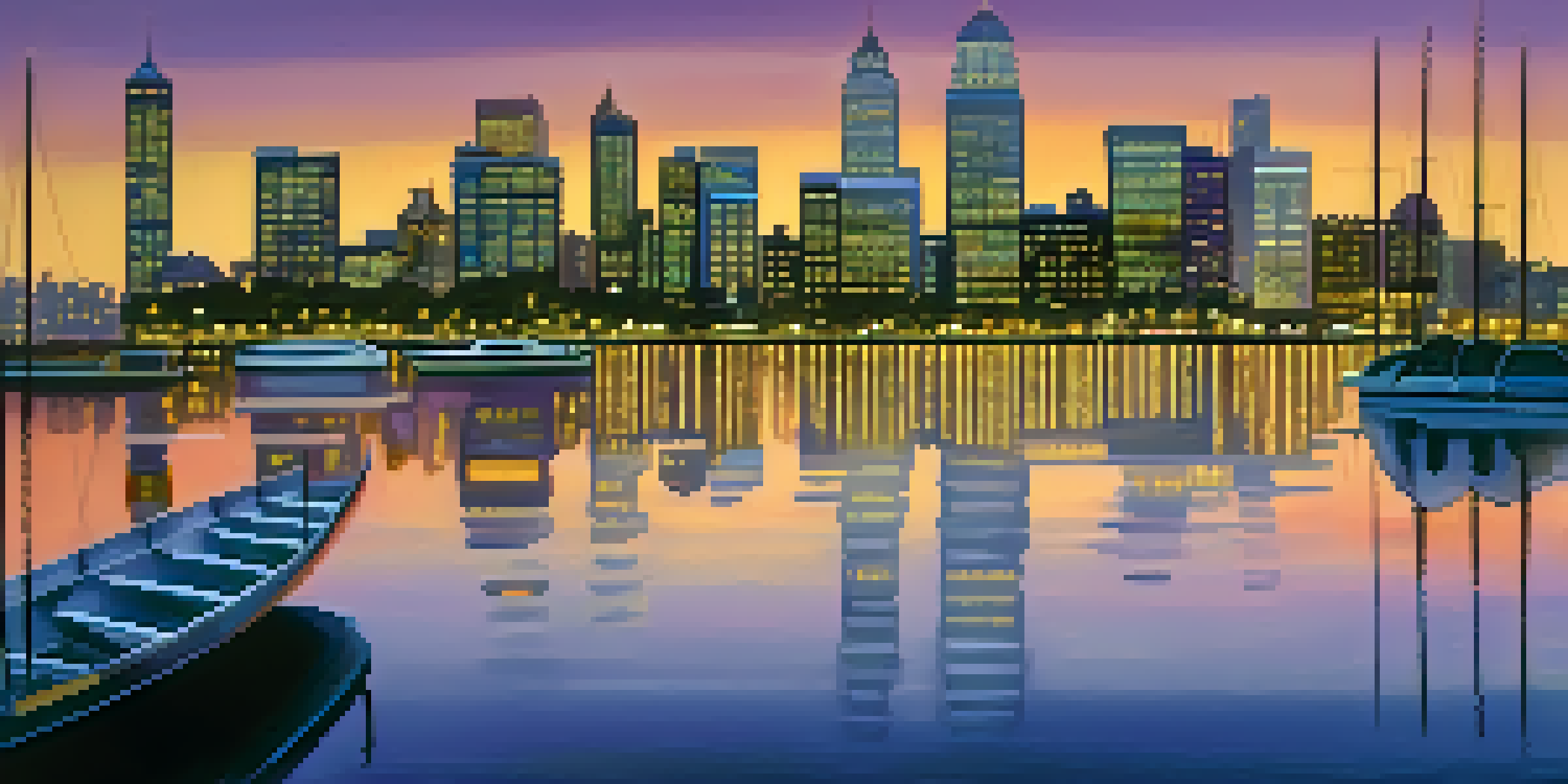 A tranquil financial district skyline during twilight, with skyscrapers reflecting sunset colors in a calm river.