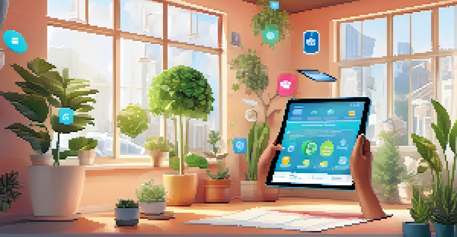 A user enjoying a gamified financial app on a tablet, surrounded by floating icons of savings goals in a bright room.