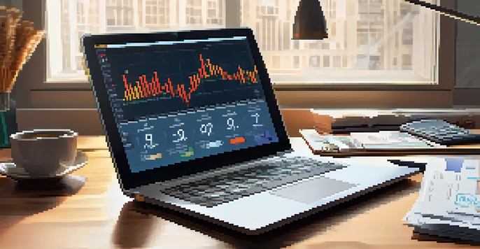 A financial analyst's workspace with a laptop showing graphs and charts about interest rates, a wall clock, and a calendar in the background.