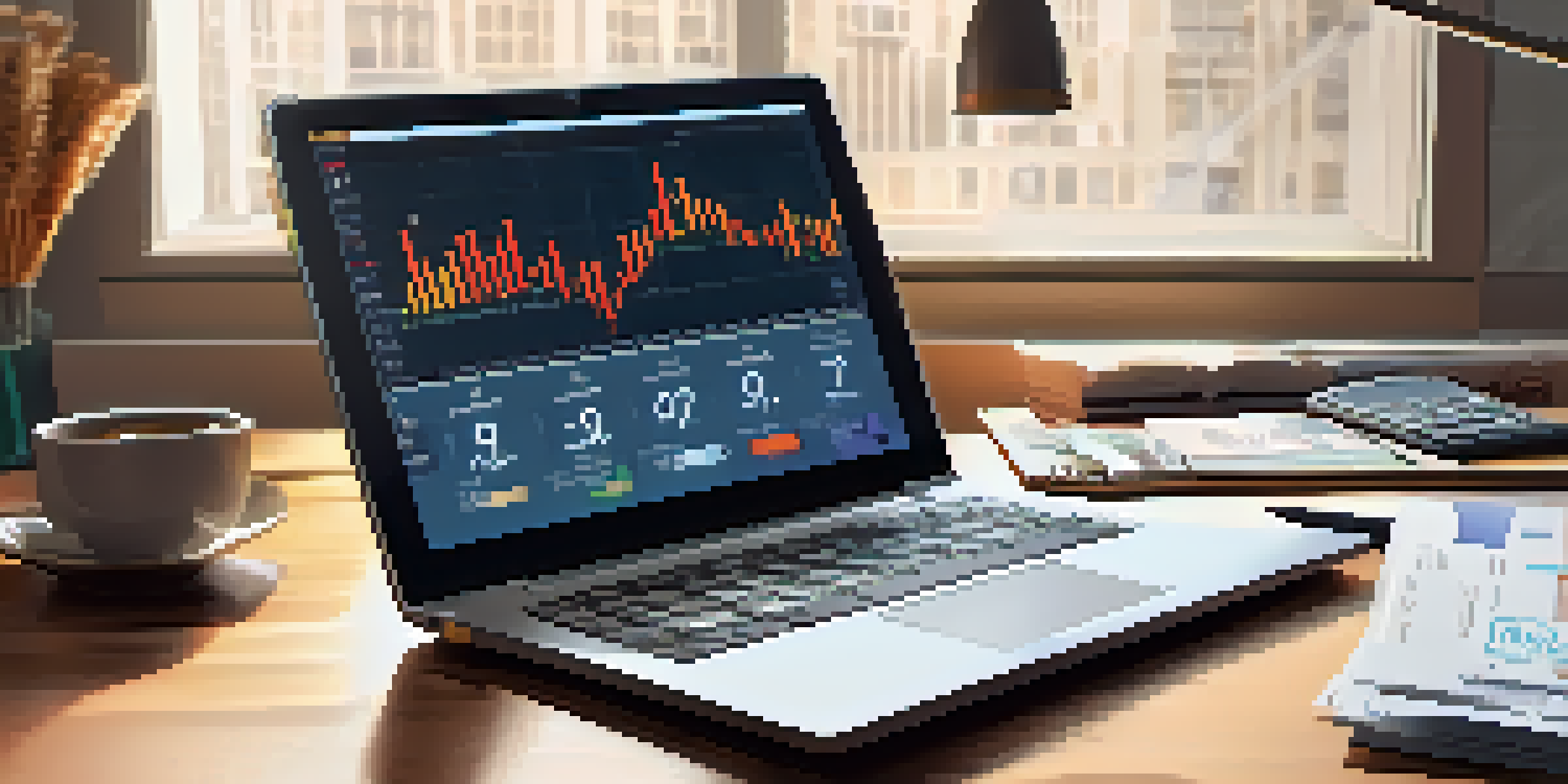 A financial analyst's workspace with a laptop showing graphs and charts about interest rates, a wall clock, and a calendar in the background.