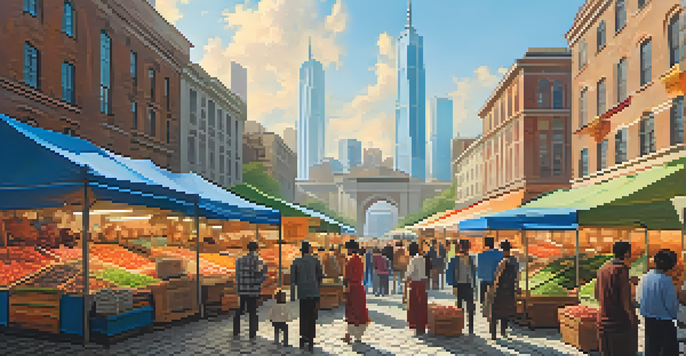 A lively urban market filled with colorful stalls and diverse people, set against a backdrop of modern skyscrapers and traditional buildings.
