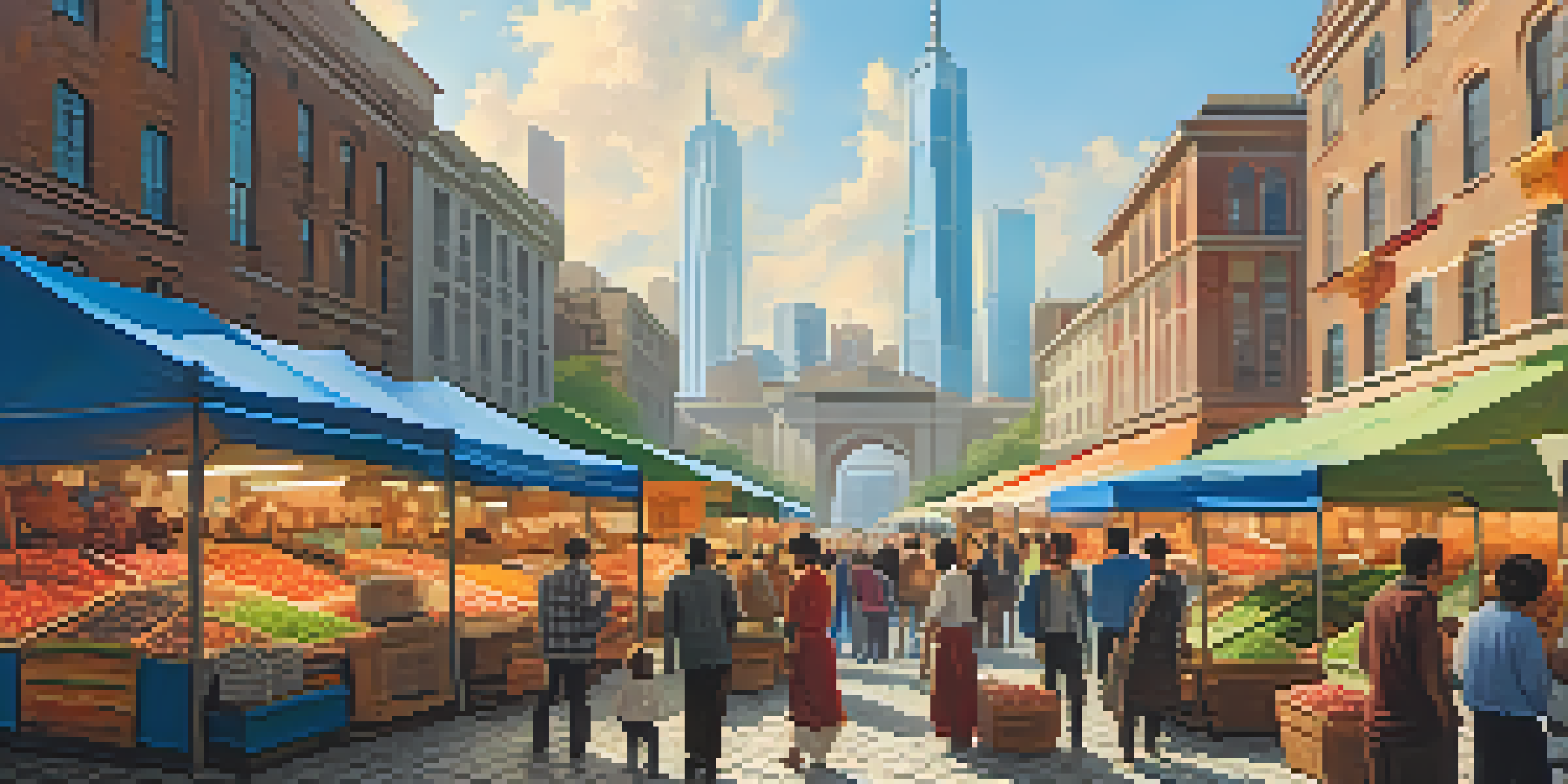 A lively urban market filled with colorful stalls and diverse people, set against a backdrop of modern skyscrapers and traditional buildings.