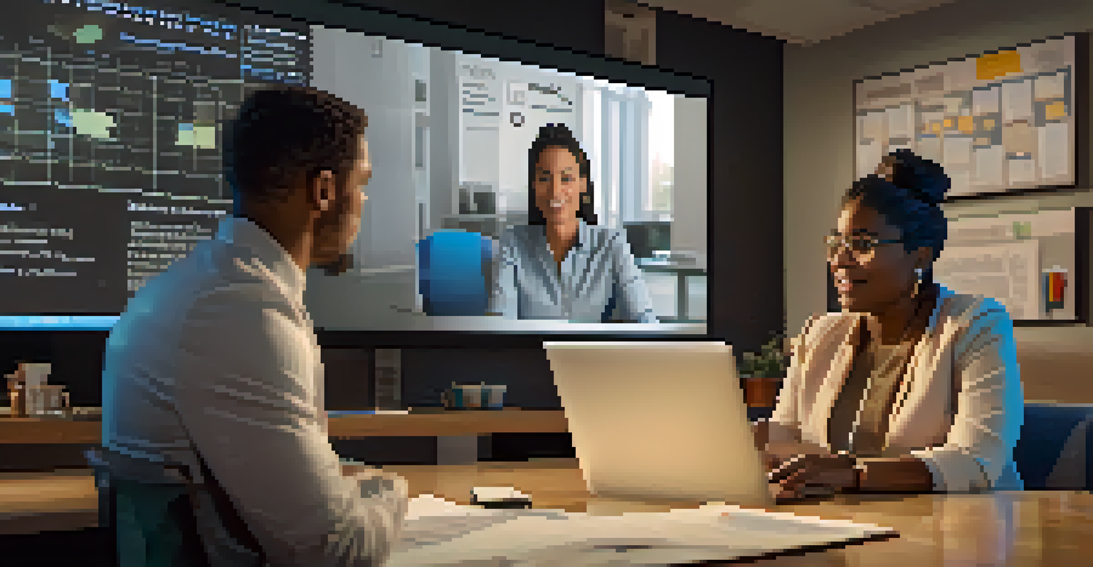 A virtual mentorship session between a mentor and mentee, with financial charts visible in the background.
