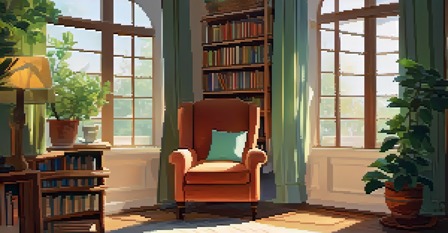 A warm and inviting reading nook with an armchair, tea, books, and a potted plant.
