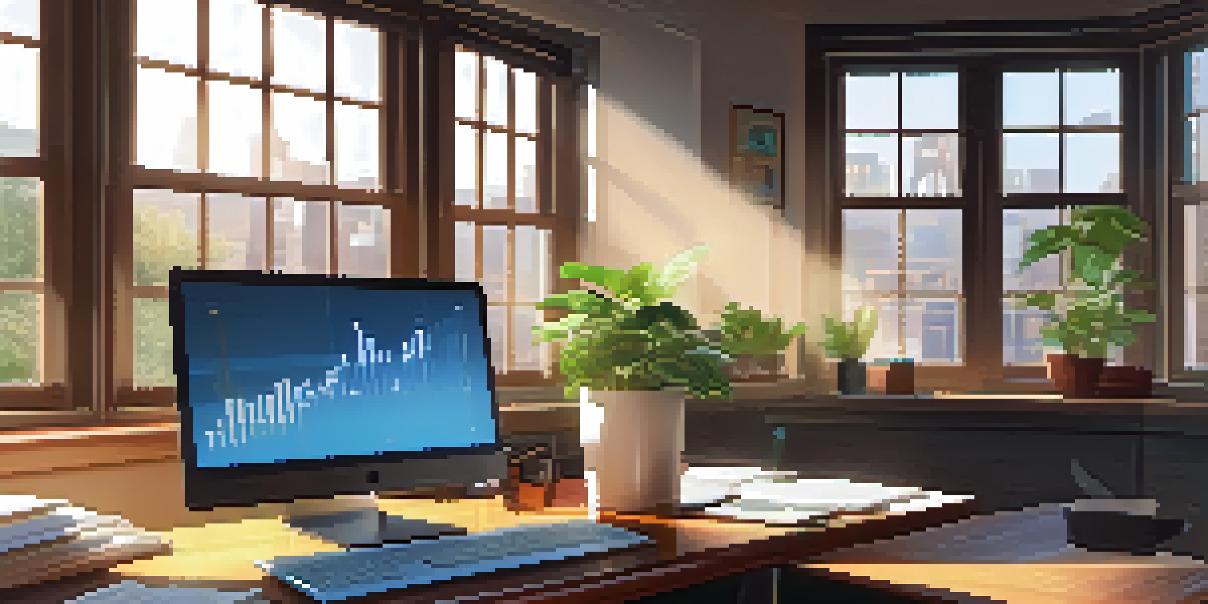 A cozy office with a wooden desk, stock market graphs on a laptop, a potted plant, and a steaming coffee cup, illuminated by soft morning light.