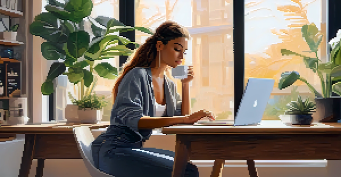 A millennial woman working at a modern desk with a laptop and coffee, surrounded by plants and natural light.