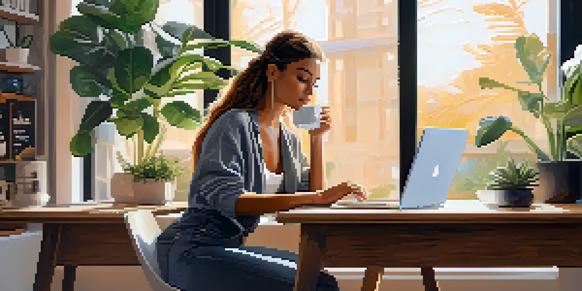 A millennial woman working at a modern desk with a laptop and coffee, surrounded by plants and natural light.