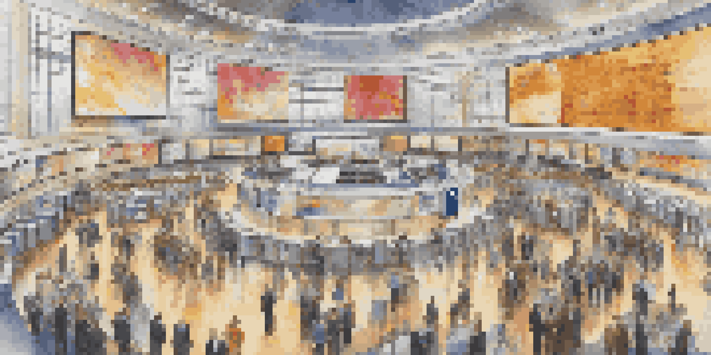 A lively stock exchange with traders in business attire interacting with screens displaying stock data.