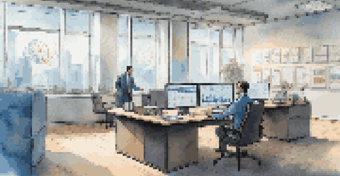 A financial analyst working in a modern office, with screens showing charts related to inflation and asset management, bright natural light coming through large windows.