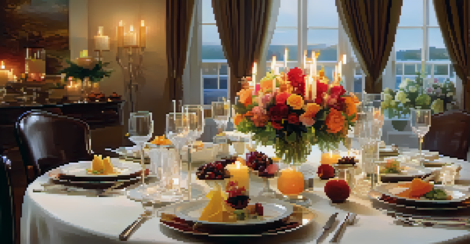 An elegantly set dining table with flowers, glassware, and delicious dishes, illuminated by warm candlelight.