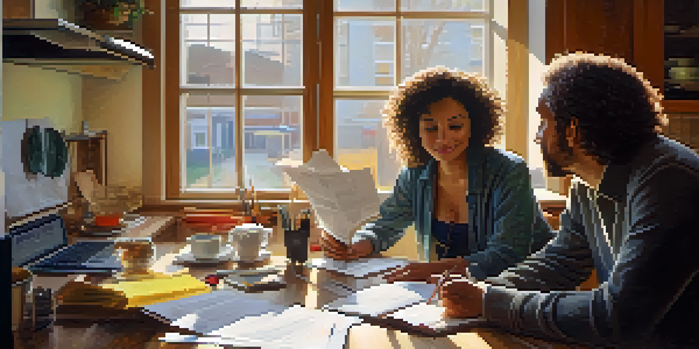 A couple discussing financial goals at a kitchen table filled with papers and a laptop, illuminated by soft morning light.