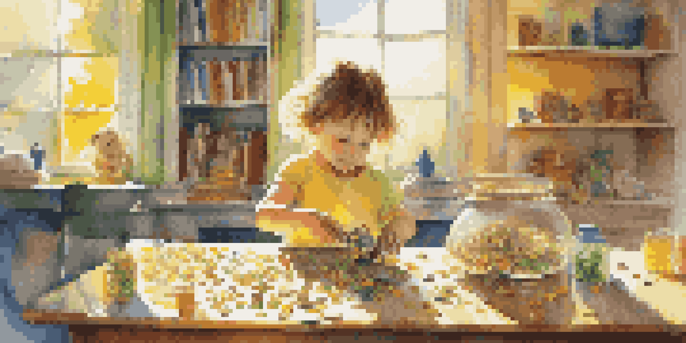 A child joyfully counting coins and saving them in a piggy bank at a sunny table surrounded by toys.