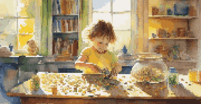 A child joyfully counting coins and saving them in a piggy bank at a sunny table surrounded by toys.