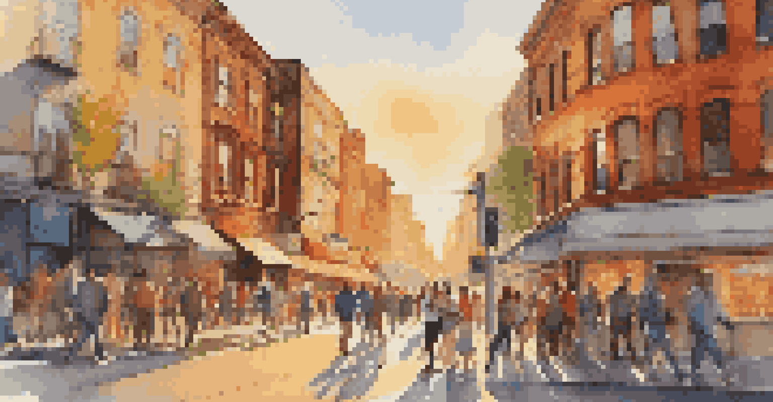 A busy city street during golden hour, with pedestrians, vibrant storefronts, and colorful street art, capturing urban life.