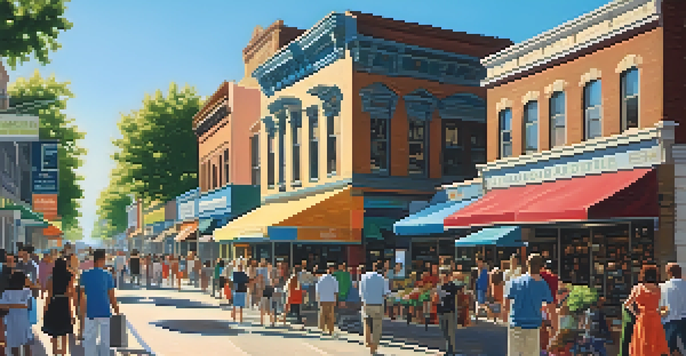 A lively city street filled with diverse individuals shopping, working, and socializing under a clear blue sky.