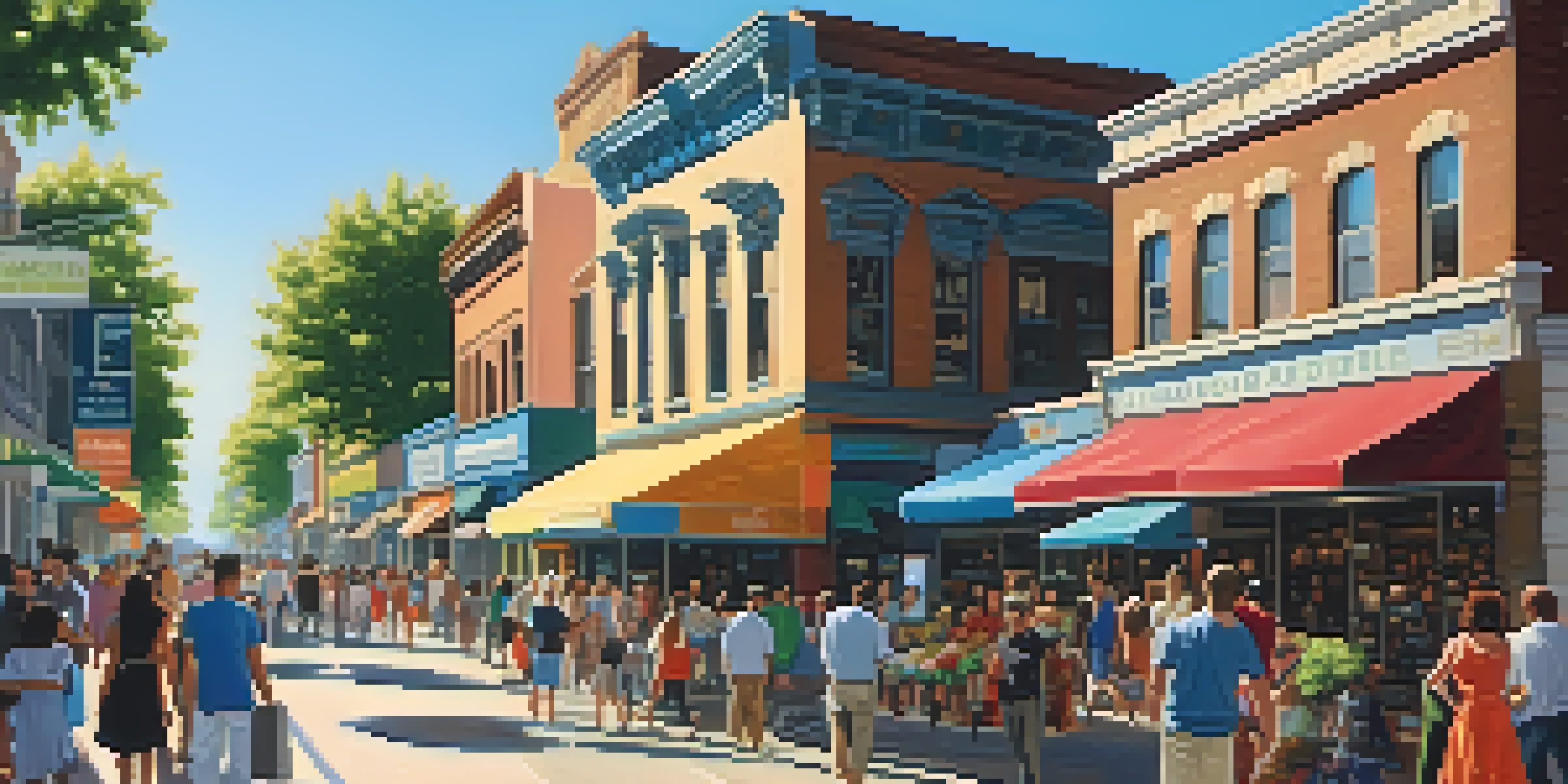 A lively city street filled with diverse individuals shopping, working, and socializing under a clear blue sky.