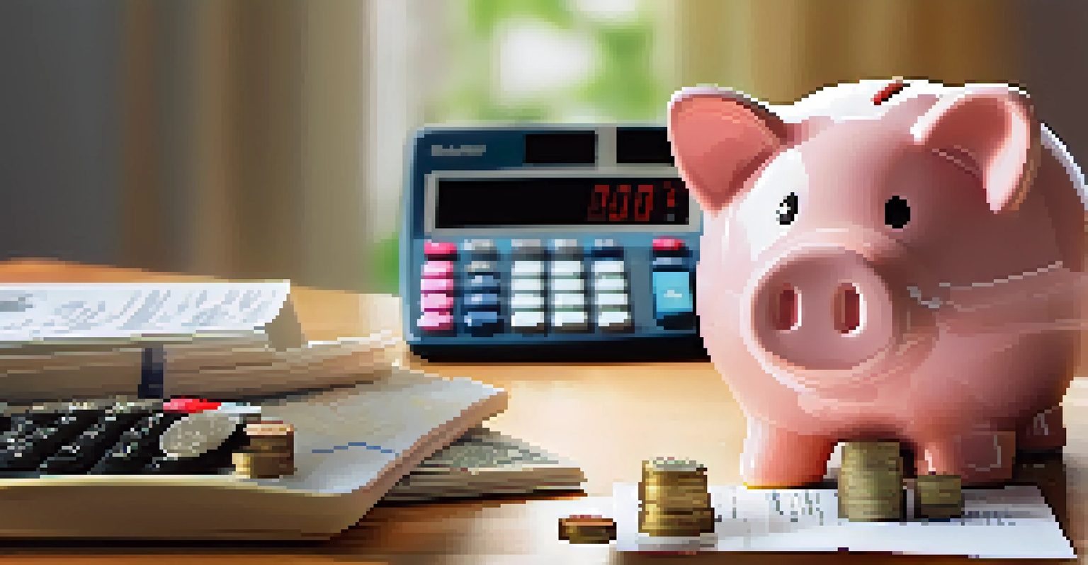 A close-up of a hand holding a colorful piggy bank with coins, surrounded by financial documents and a calculator, representing savings.
