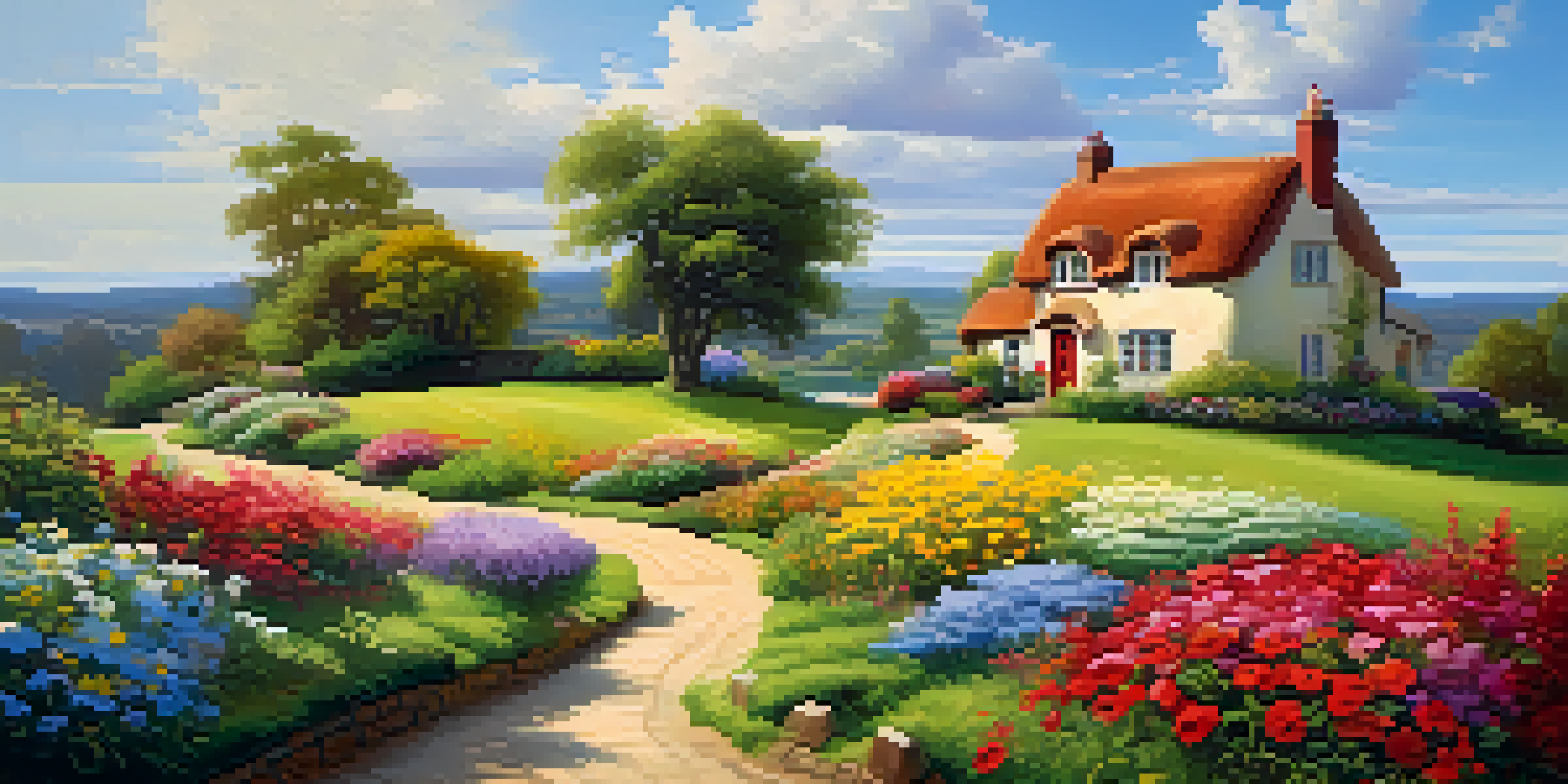 A peaceful landscape with a green field, a winding path, and a cottage surrounded by flowers under a blue sky.