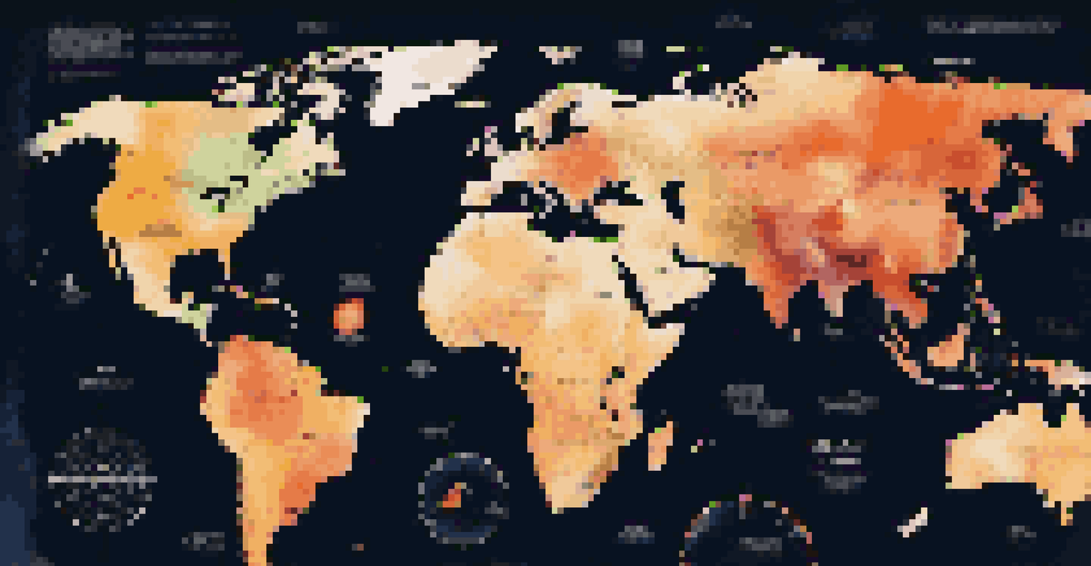 A detailed world map showing icons for global economic news, with highlighted regions against a dark background.