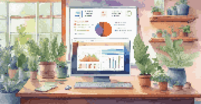 A modern workspace with a laptop showing crowdfunding metrics, surrounded by plants and motivational posters.