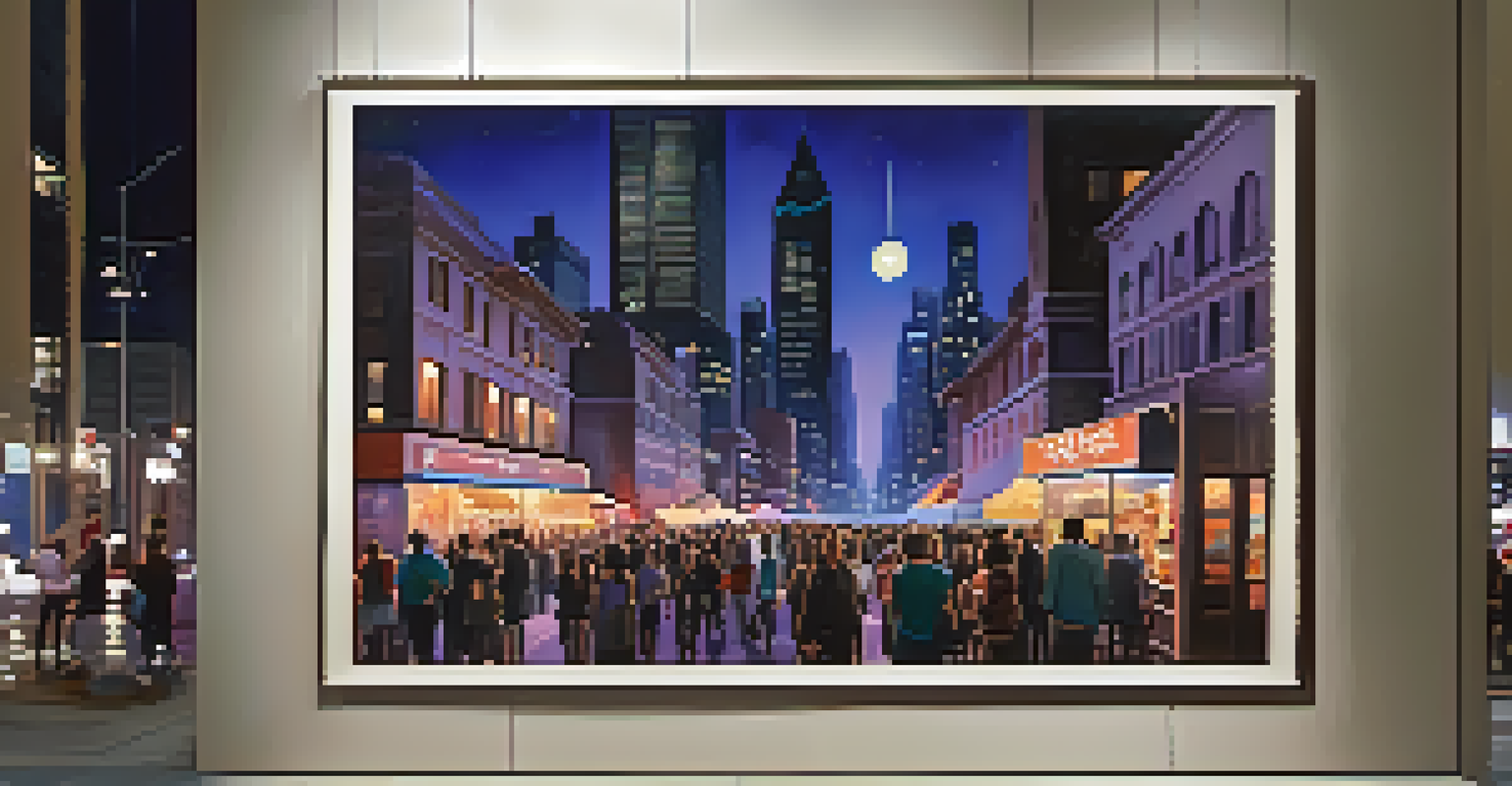 A city street at twilight, filled with people and illuminated skyscrapers, with a transitioning sky from blue to purple.