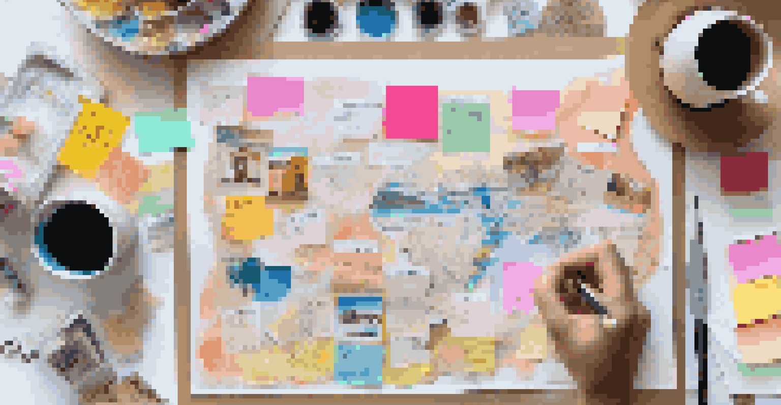 An overhead view of a partially completed vision board with colorful images, sticky notes, and crafting materials.